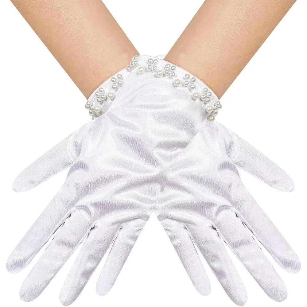 Women's White Satin Pearl Short Length Wrist Gloves Wedding Banquet Party Prom